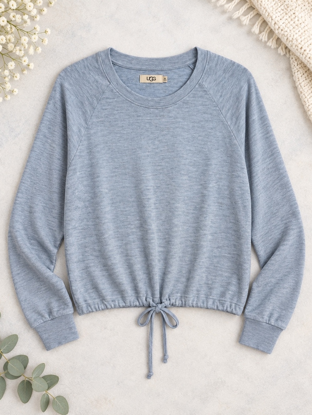 Cozy UGG Light Blue Long Sleeve Pullover Sweatshirt with Drawstring Hem